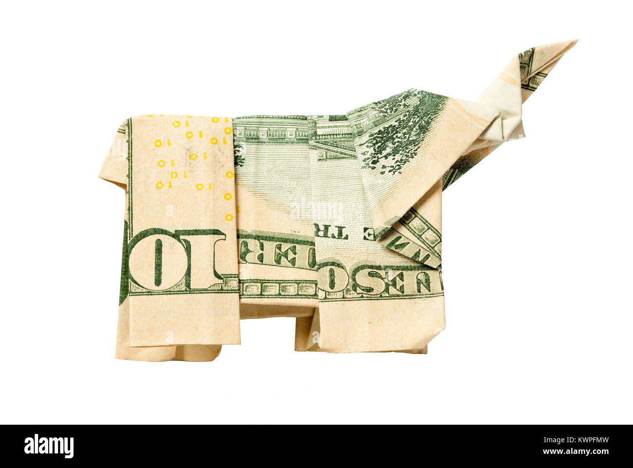 Ein origami Elefant gefaltet aus einer uns zehn Dollar Bill Stockfoto