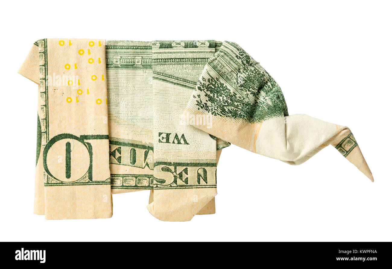 Ein origami Elefant gefaltet aus einer uns zehn Dollar Bill Stockfoto