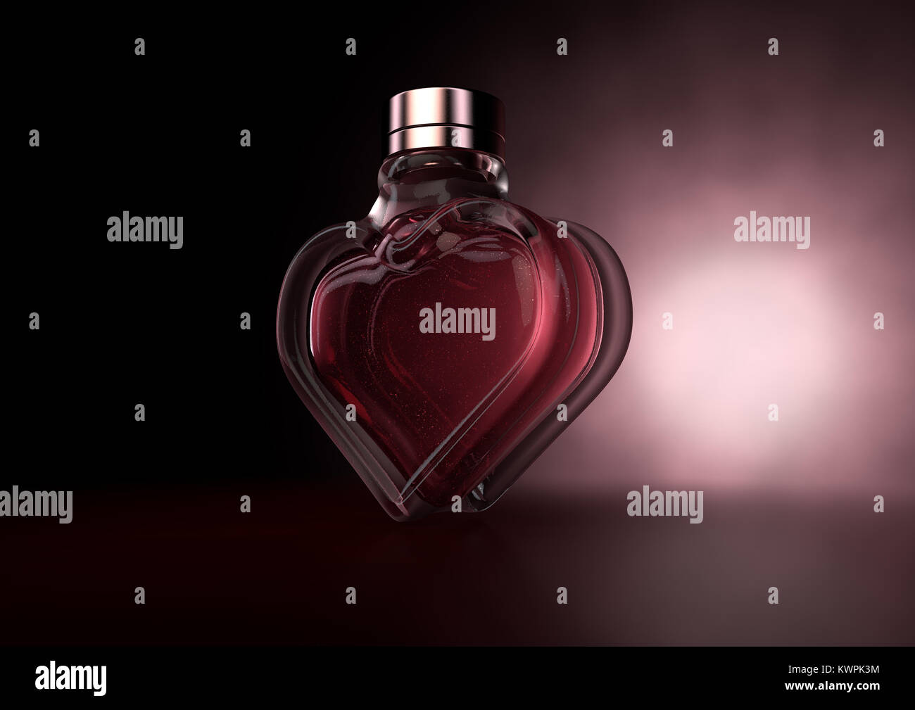 Eine liebe Konzept ein Herz aus Glas Flasche Parfüm auf einem dunklen Hintergrund mit Hintergrundbeleuchtung - 3D-Rendering Stockfoto