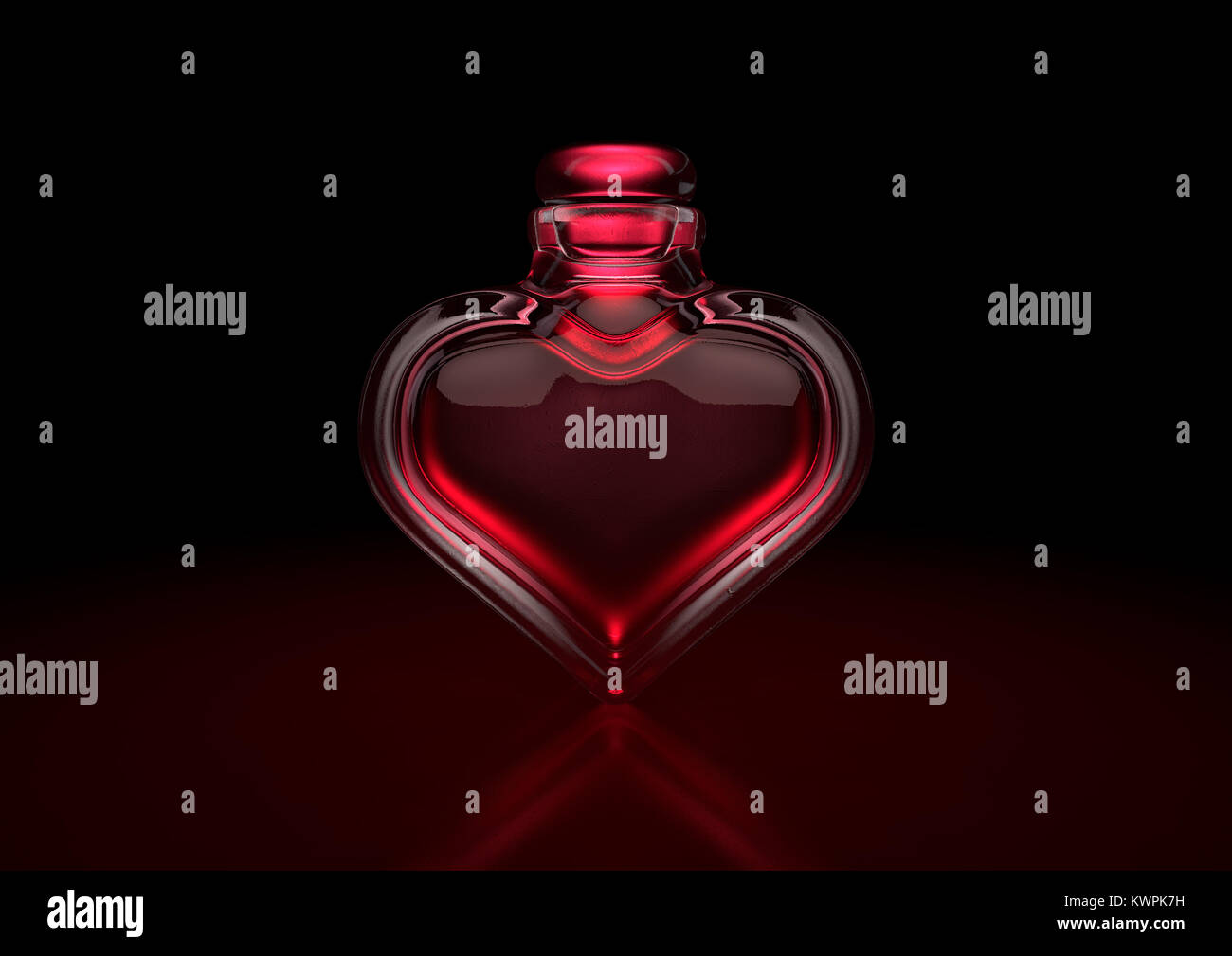 Eine liebe Konzept einer herzförmigen Flasche aus Glas, die mit einem roten Liebestrank auf einem dunklen Hintergrund mit Hintergrundbeleuchtung - 3D-Rendering Stockfoto