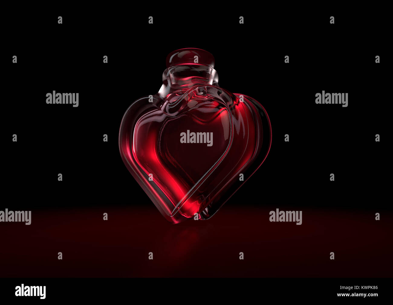 Eine liebe Konzept einer herzförmigen Flasche aus Glas, die mit einem roten Liebestrank auf einem dunklen Hintergrund mit Hintergrundbeleuchtung - 3D-Rendering Stockfoto