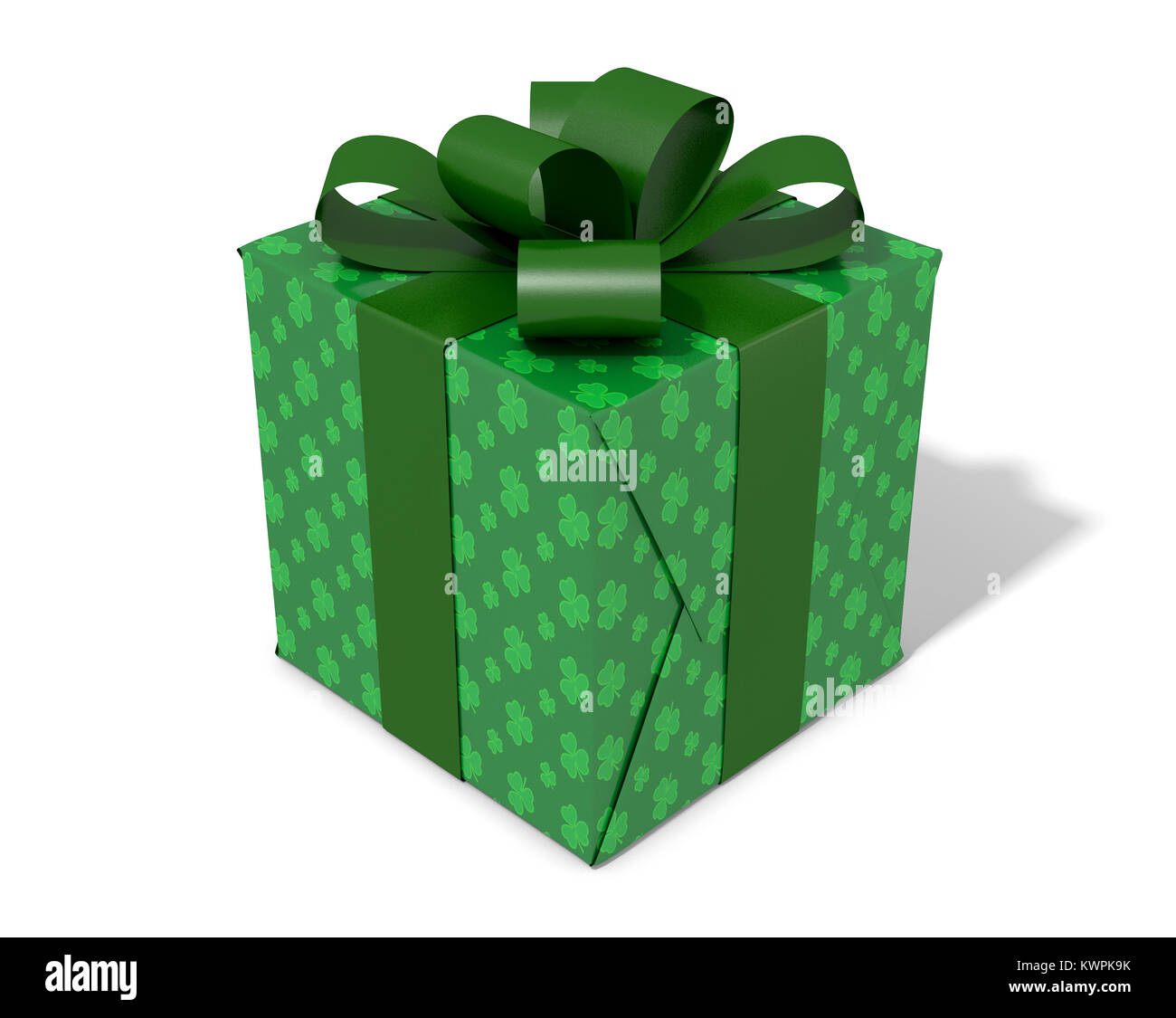 Eine würfelförmige Geschenk im Klee gemusterte Verpackung Papier und mit einem gepflegten grünen bogen und farbband auf einen isolierten weißen Studiohintergrund - 3D-r gebunden gewickelt Stockfoto