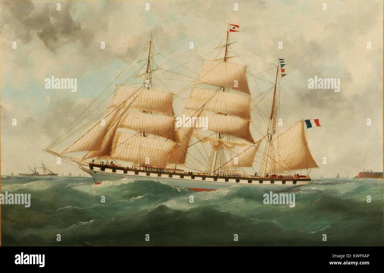 Edouard Adams Gemälde „La Jeanne d’Arc sortant du Havre“ zeigt das französische Marineschiff Jeanne d’Arc, das den Hafen von Le Havre verlässt. Das Kunstwerk fängt die maritimen Aktivitäten und den Stolz der Marine Frankreichs des späten 19. Jahrhunderts ein. Stockfoto