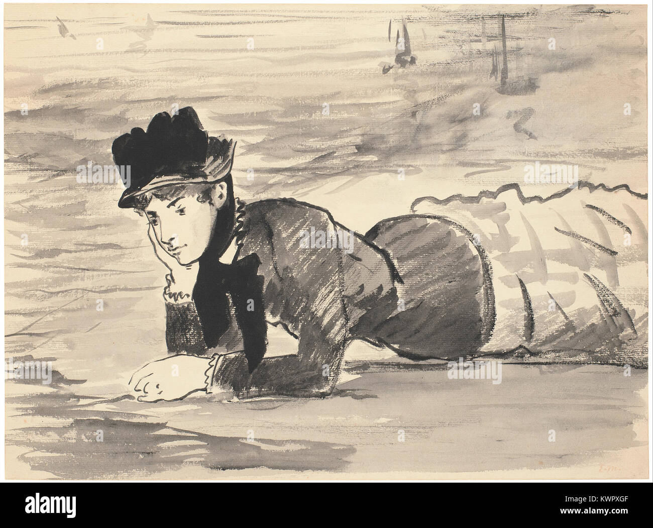 Edouard Manets Gemälde „Woman Living on the Beach“ zeigt eine weibliche Figur, die auf Sand ruht und seinen realistischen Ansatz und seine Konzentration auf die menschliche Form in einer Küstenlandschaft zeigt. Stockfoto