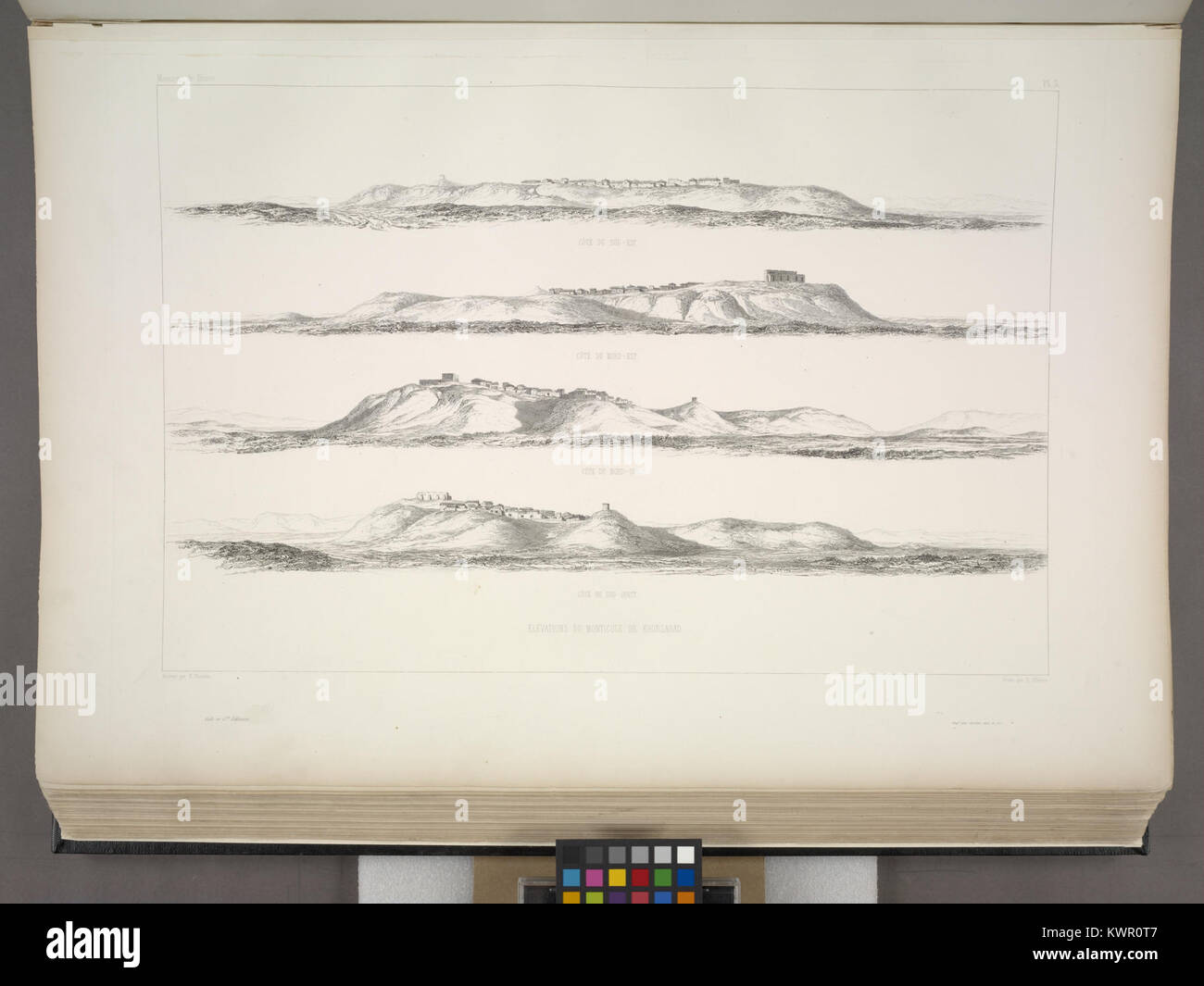 Die architektonischen Erhebungen des Chorsabad-Hügels zeigen seine vier Fassaden mit Reliefs, Turmstrukturen, Toren und Mauerornamenten aus dem Assyrischen Palast bei Mossul. Stockfoto