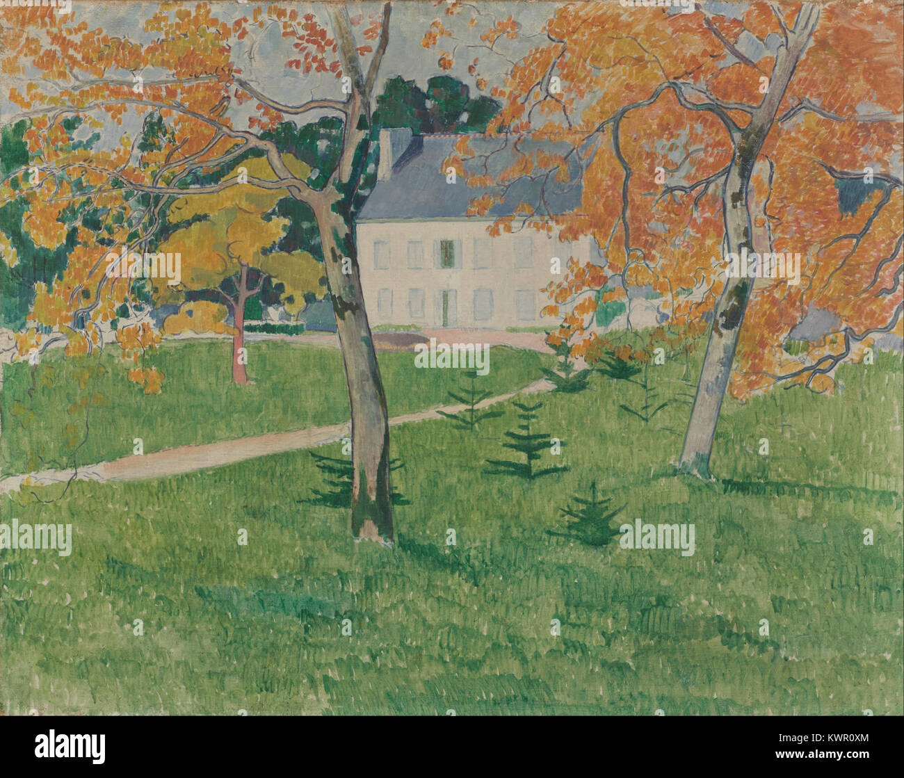 Gemälde „Haus unter Bäumen“ von Emile Bernard von der Pont-Aven-Schule, das ein ländliches Haus, Bäume und Landschaftskomposition in französischer Kunst des 19. Jahrhunderts darstellt. Stockfoto