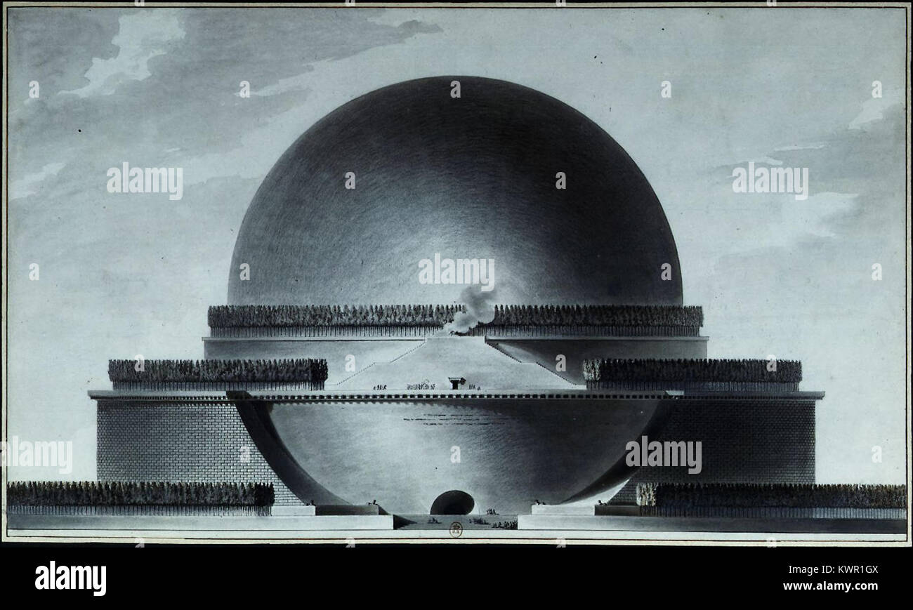 Dieses Bild zeigt die geometrische Erhebungen von Etienne-Louis Boullée für das Newton Cenotaph. Boullée, ein französischer Architekt, entwarf eine monumentale Struktur zu Ehren von Isaac Newton. Sein Entwurf wurde nie gebaut, ist aber ein bedeutendes Beispiel neoklassischer Architektur. Stockfoto