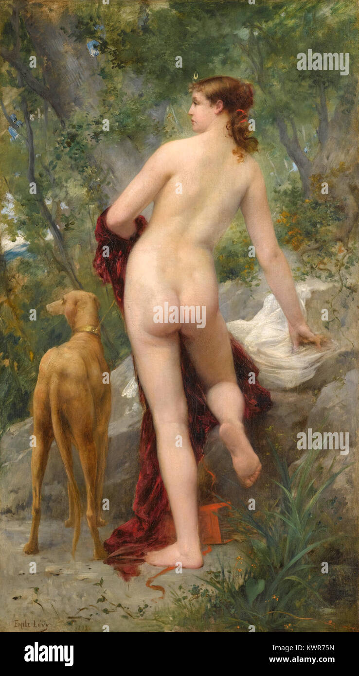 Emile Lévêque Gemälde „Diane dans la forêt“ zeigt die mythologische Figur Diana in einer Waldlandschaft. Das Kunstwerk spiegelt klassische Themen und künstlerische Traditionen der Romantik wider. Stockfoto