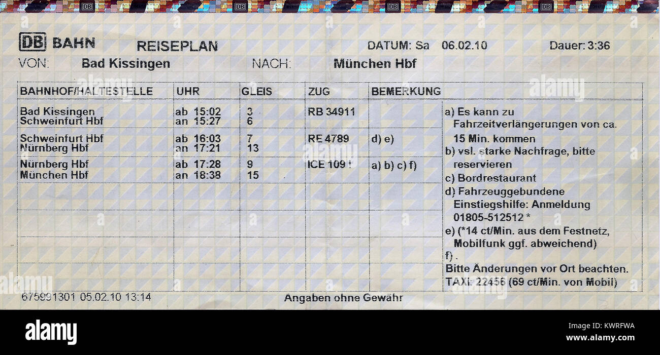 DB Reiseplan (Automat) Bad Kissingen → München Hbf Stockfotografie - Alamy