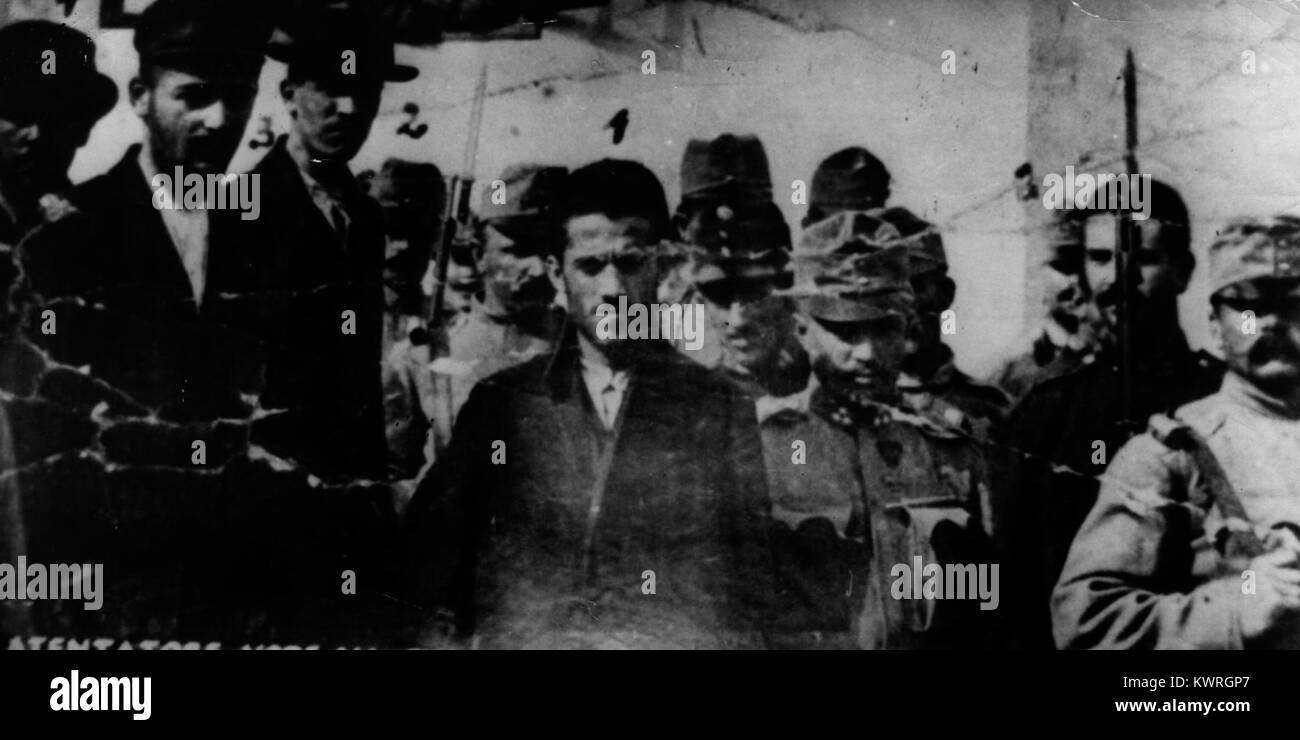 Gavrilo Princip, Nedeljko Čabrinović und Trifko Grabež (oder Ilic-Variante) nahmen 1914 an der Ermordung des Erzherzogs Franz Ferdinand von Österreich-Ungarn teil, die zum Ausbruch des Ersten Weltkriegs beitrug Stockfoto