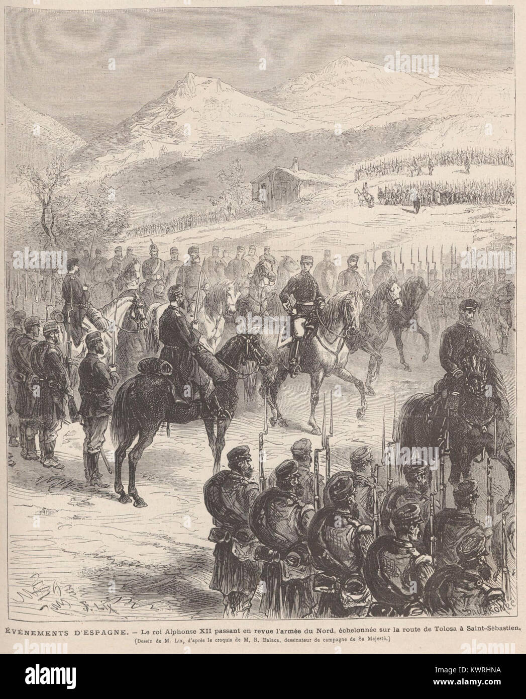 Eine Illustration, die König Alfonso XII. Von Spanien zeigt, wie er die Nordarmee entlang der Straße von Tolosa nach San Sebastián im späten 19. Jahrhundert betrachtet. Stockfoto