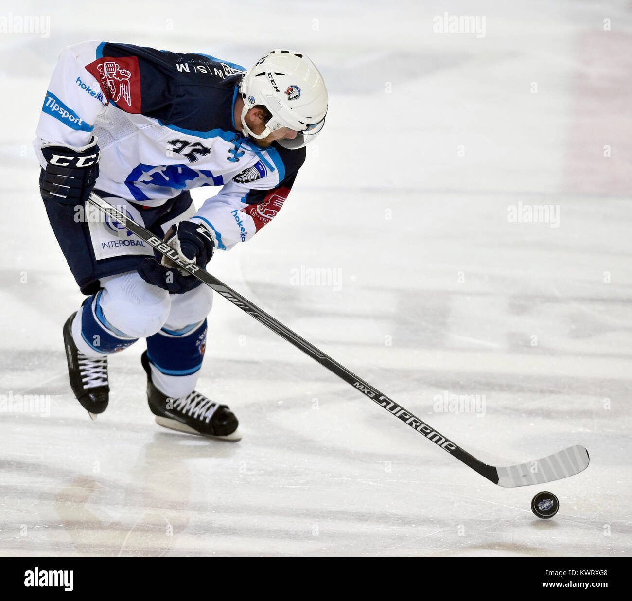 Brünn, Tschechien. 05 Jan, 2018. Utkani 37. Kola hokejove extraligy: HC Kometa Brünn - HC Skoda Plzen, 5. ledna 2018 v Brne. Ondrej Kratena z-Plzne. Stockfoto