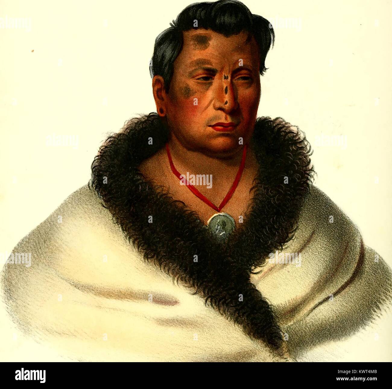 Abbildung eines Omaha Native American chief identifiziert als Ongpatonga, das Tragen der traditionellen Kleidung sowie Gesicht Farbe und ein Medaillon, 1825. () Stockfoto