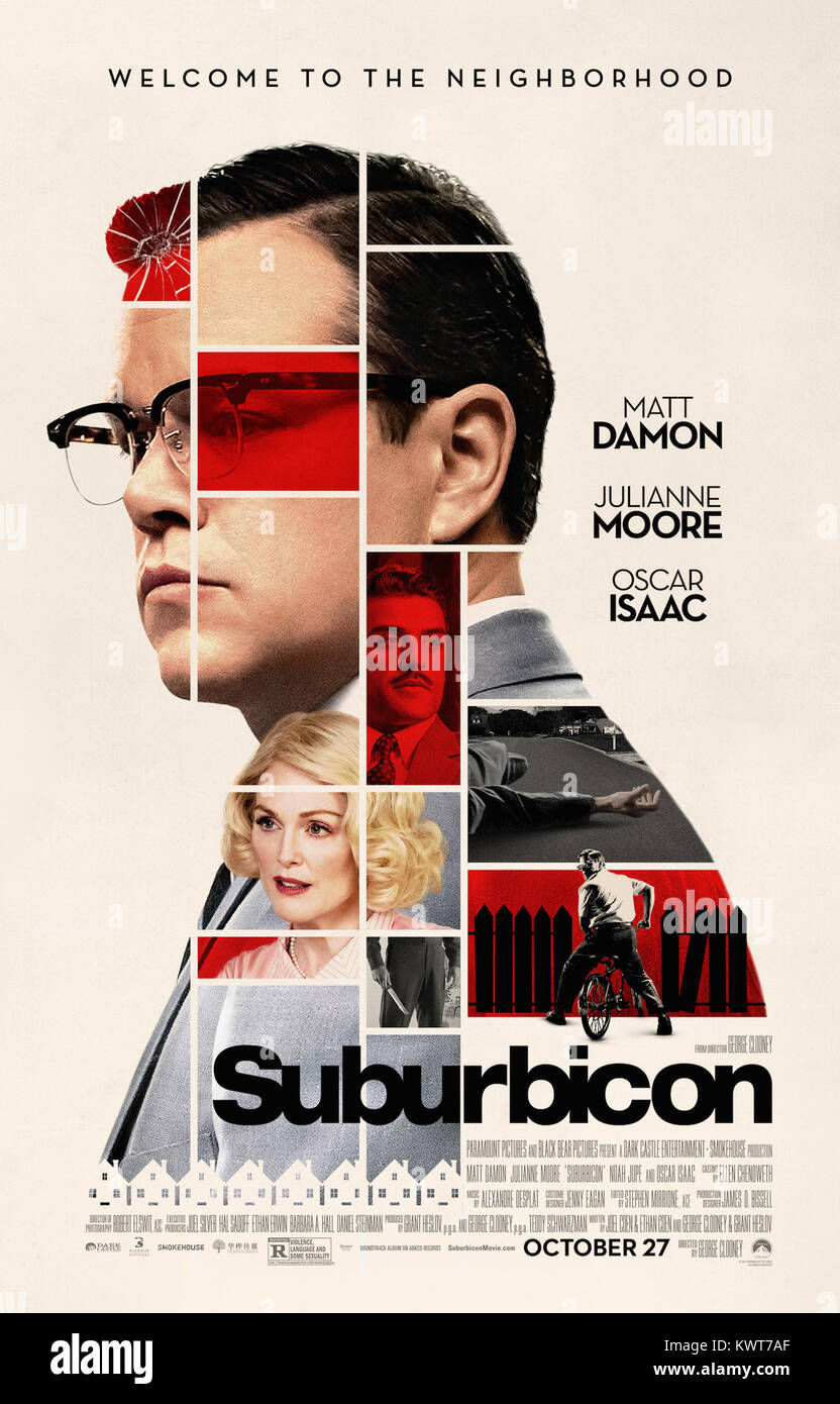 Erscheinungsdatum: Oktober 27, 2017 Title: Suburbicon Studio: Paramount Pictures Regie: George Clooney PLOT: Als 1950 suburban Gemeinschaft selbst - destructs, einem Home Invasion hat unheilvolle Konsequenzen für eine scheinbar normale Familie. STARRING: Julianne Moore als Margaret und MATT DAMON als Gardner poster art (Credit Bild: © Paramount Pictures/Entertainment Bilder) Stockfoto