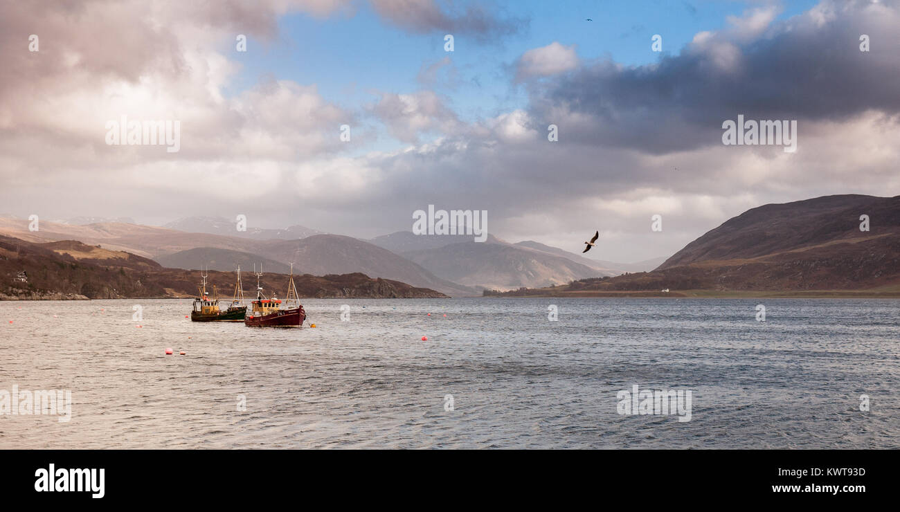 Uneinheitliche Abend Licht auf Fischerbooten in Loch Broom verankert in Ullapool in der North West Highlands von Schottland. Stockfoto