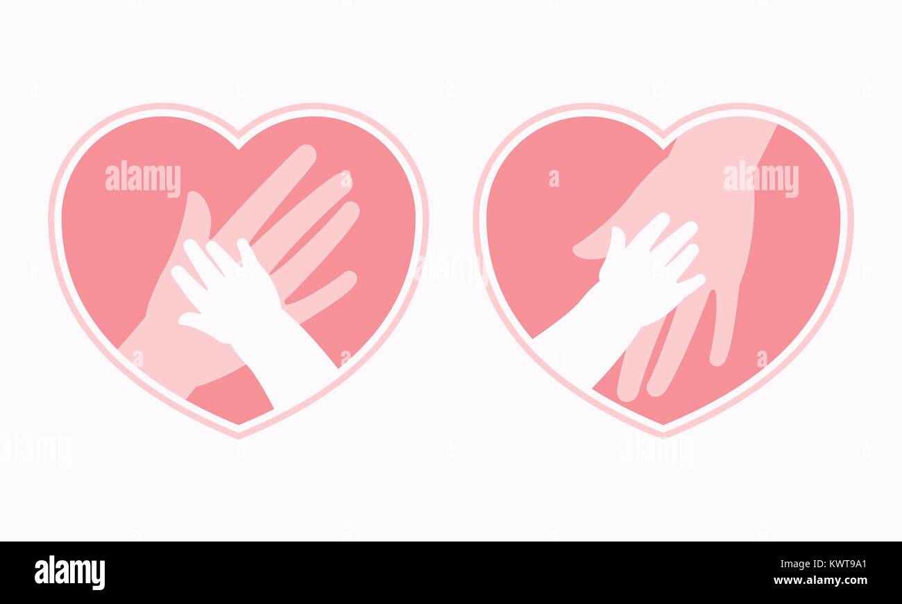 Grosse Hand der Mutter kleine Hand Baby in Herzform Symbol und Rahmen Symbol, Logo, Zeichen oder Symbol Stock Vektor