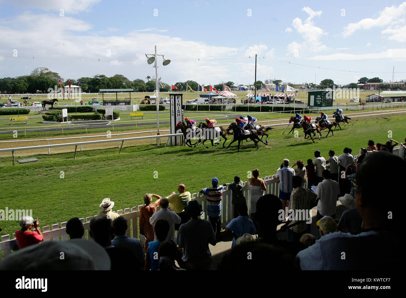 Pferde und Jockeys erreichen die Winning Post bei Garrison Savannah Pferderennbahn in Bridgetown, Barbados. Stockfoto