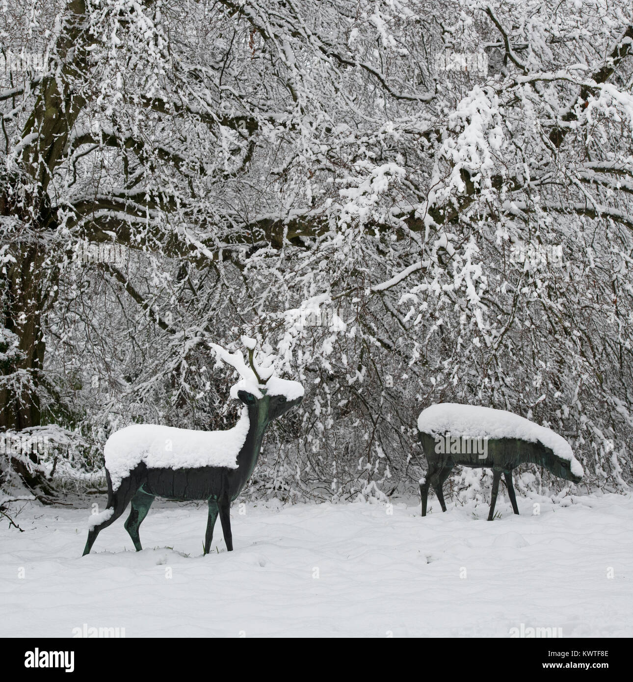 Japnese Rotwild Statuen und Winter Bäume im Schnee im Dezember bei Batsford Arboretum, Cotswolds, Moreton-in-Marsh, Gloucestershire, England Stockfoto