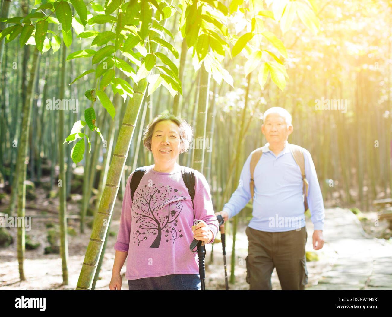 Senior Paar wandern in grüner Bambus Wald Stockfoto