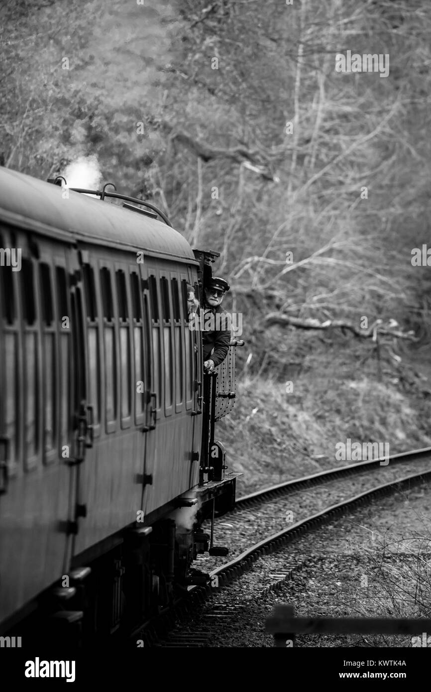 Schwarz & Weiß Portraitfotos von sich bewegenden UK Dampfzug auf der Strecke der Museumsbahn. Lokführer lehnt sich aus der Lokomotive, fast verborgen hinter dem Schlitten Stockfoto