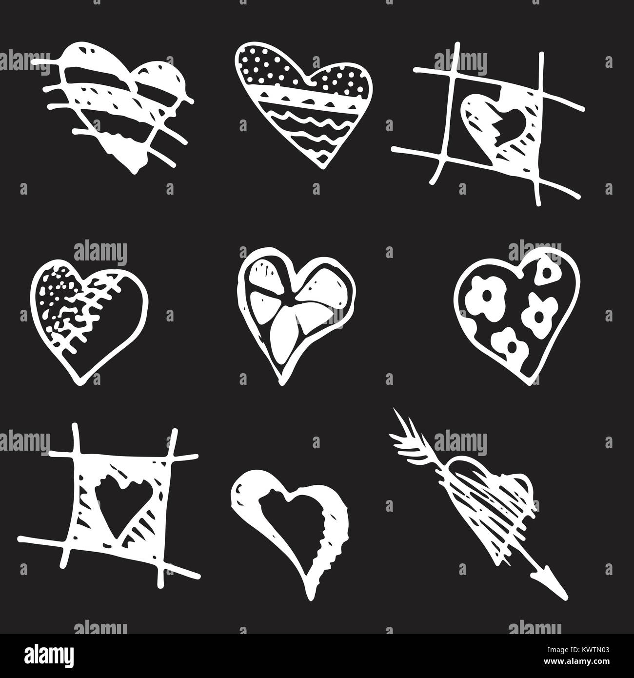 Satz von retro Hand gezeichnete Symbol für Valentines und Hochzeitstag. Weiß auf schwarzem Hintergrund Vektorgrafiken Stock Vektor