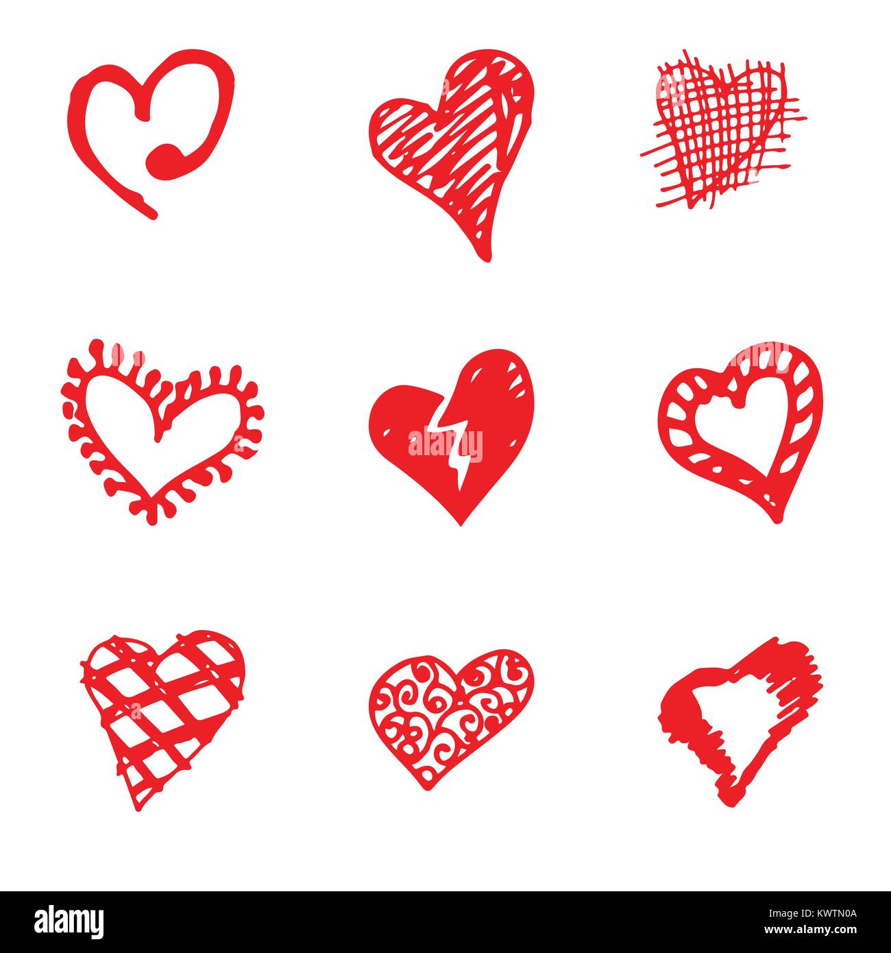 Satz von retro Hand gezeichnete Symbol für Valentines und Hochzeitstag. Rot auf weißem Hintergrund Vektorgrafiken Stock Vektor