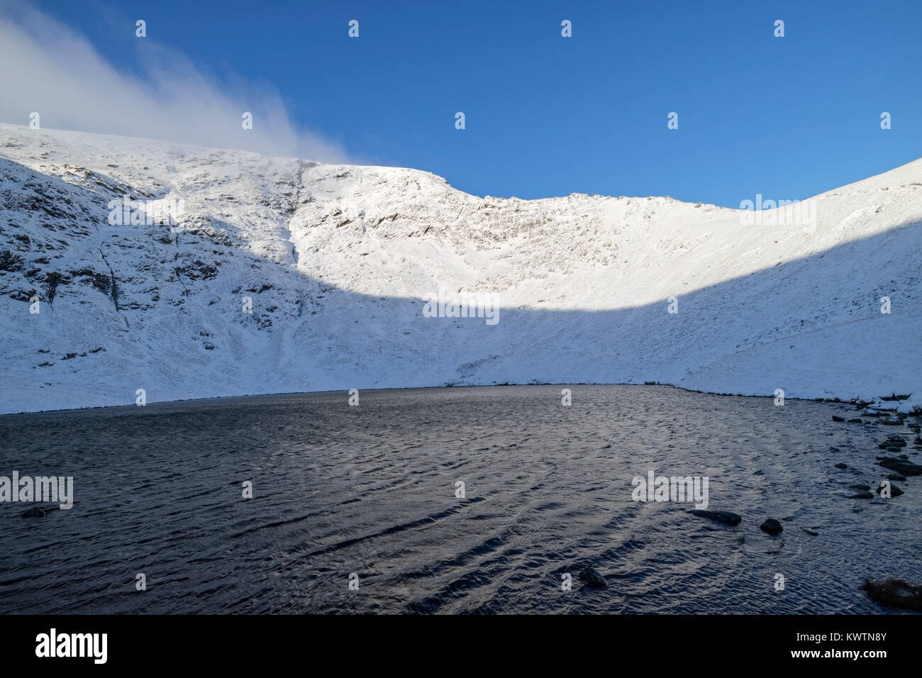 Scharfe Kante von Waagen Tarn im Winter, Blencathra, Lake District, Cumbria, Großbritannien Stockfoto