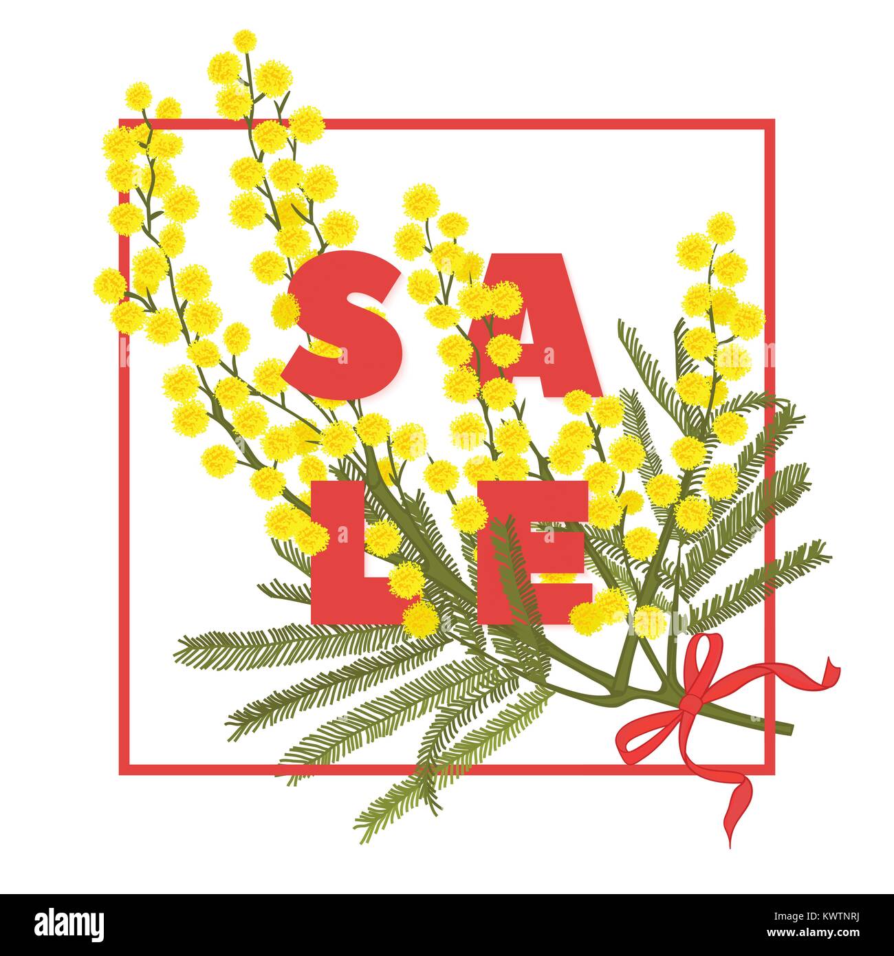 Moderne Typografie mit Text Verkauf. Hand gezeichnet Bouquet von Mimosen. Botanische Vector Illustration. Bunte Blumen grafik design Gute Idee für t-shirt, Stock Vektor