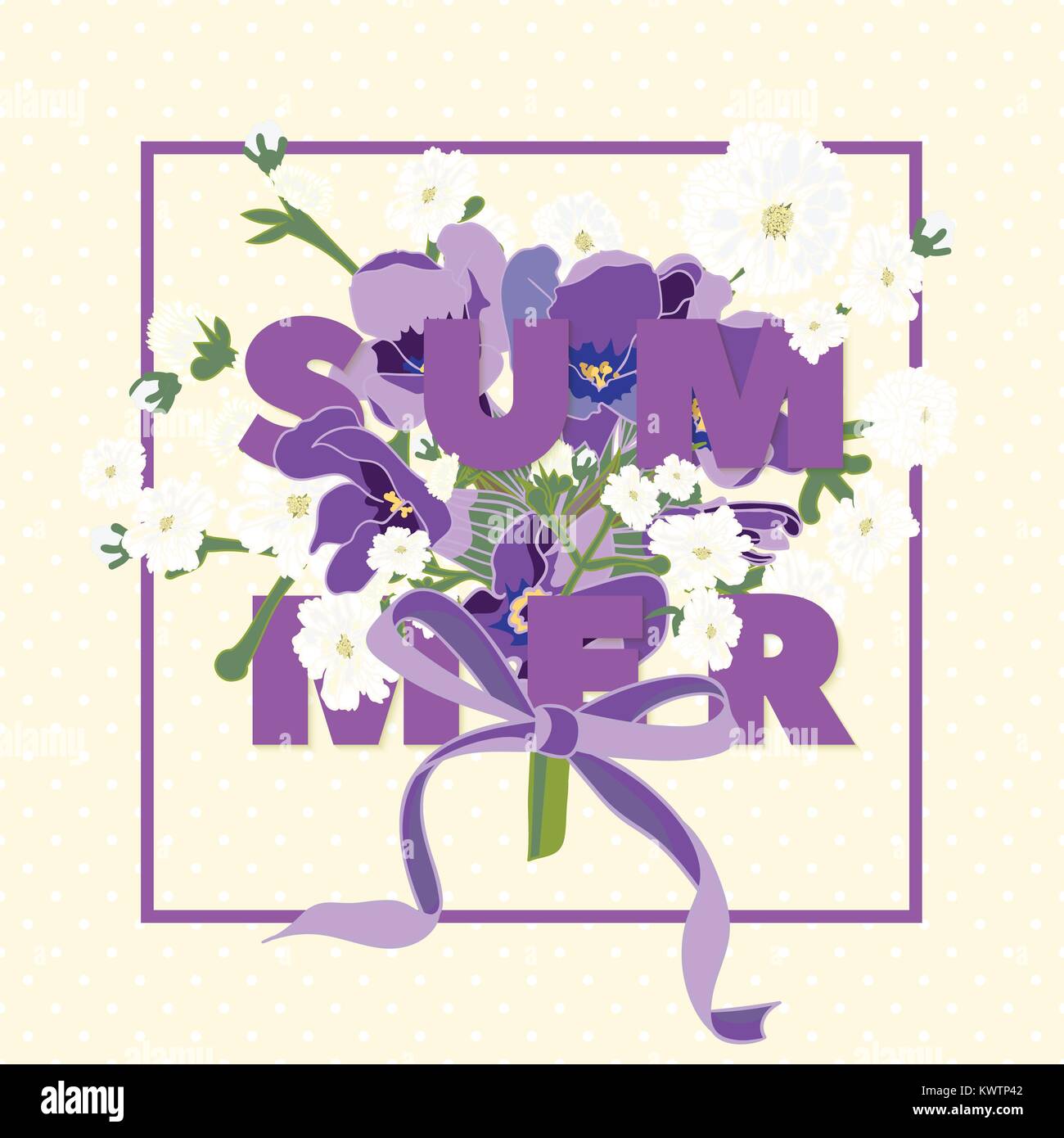 Sommer floral background mit schönen Lavendelblüten auf weißem Hintergrund. Mehrfarbige Typografie Grußkarte. Vector Illustration Stock Vektor