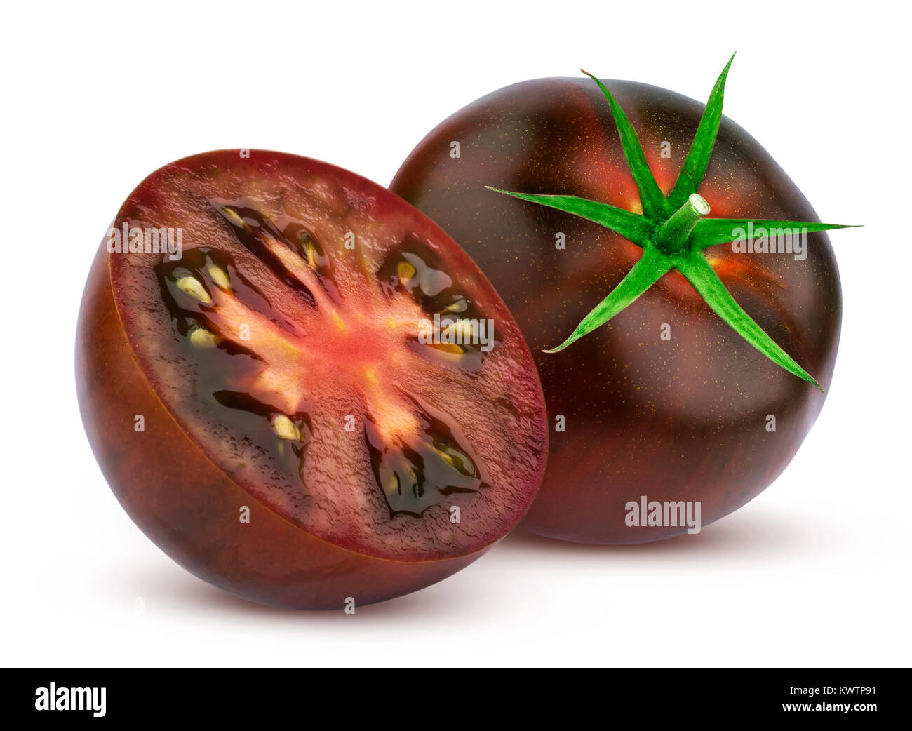 Schwarze Tomaten isoliert auf weißem Hintergrund Stockfoto
