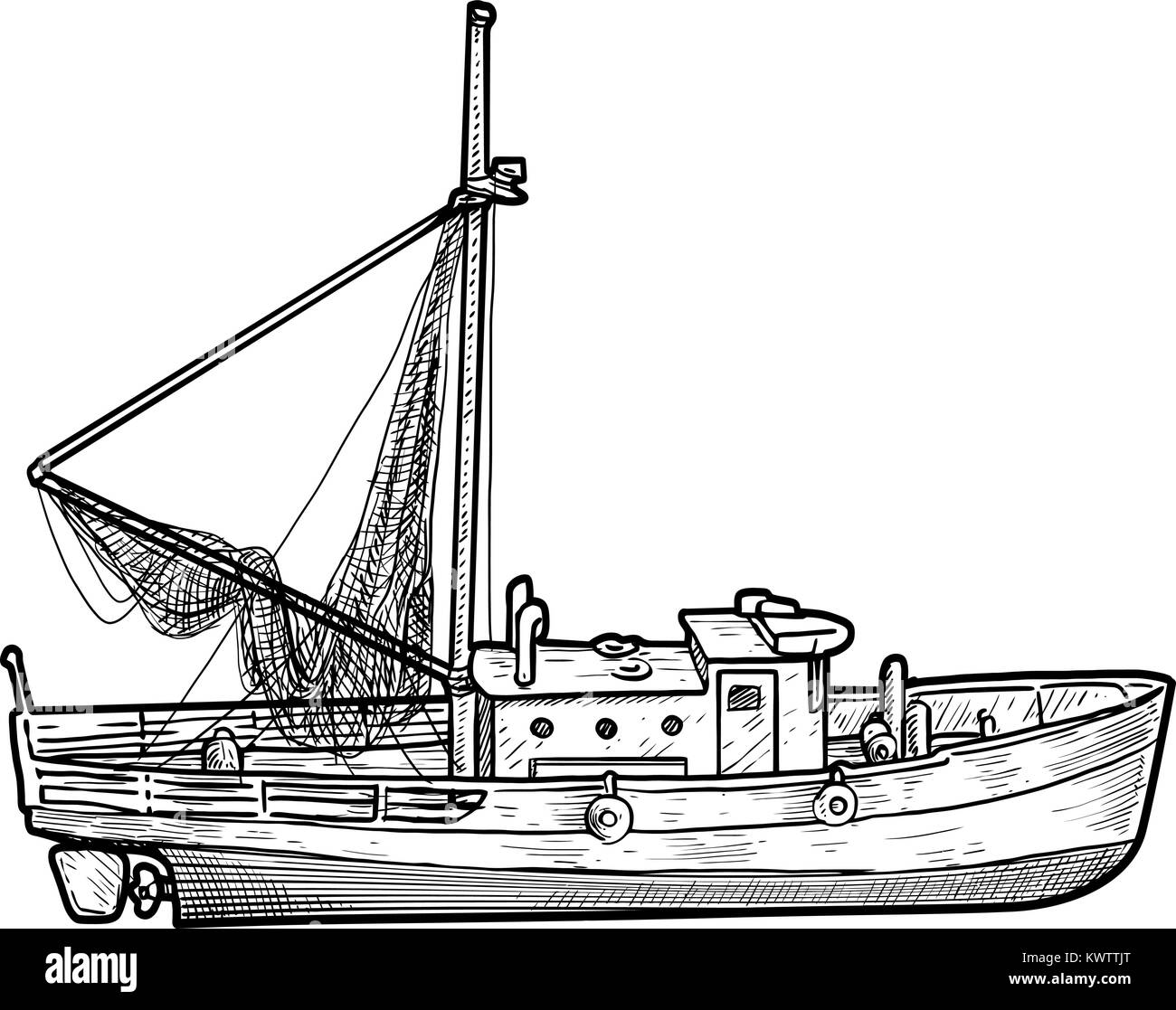 Fischerboot Abbildung, Zeichnung, Gravur, Tinte, Strichzeichnungen, Vektor Stock Vektor