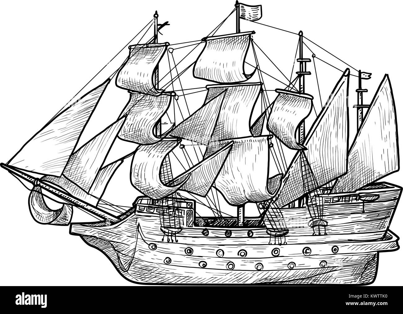 Alte Segelboot Abbildung, Zeichnung, Gravur, Tinte, Strichzeichnungen, Vektor Stock Vektor