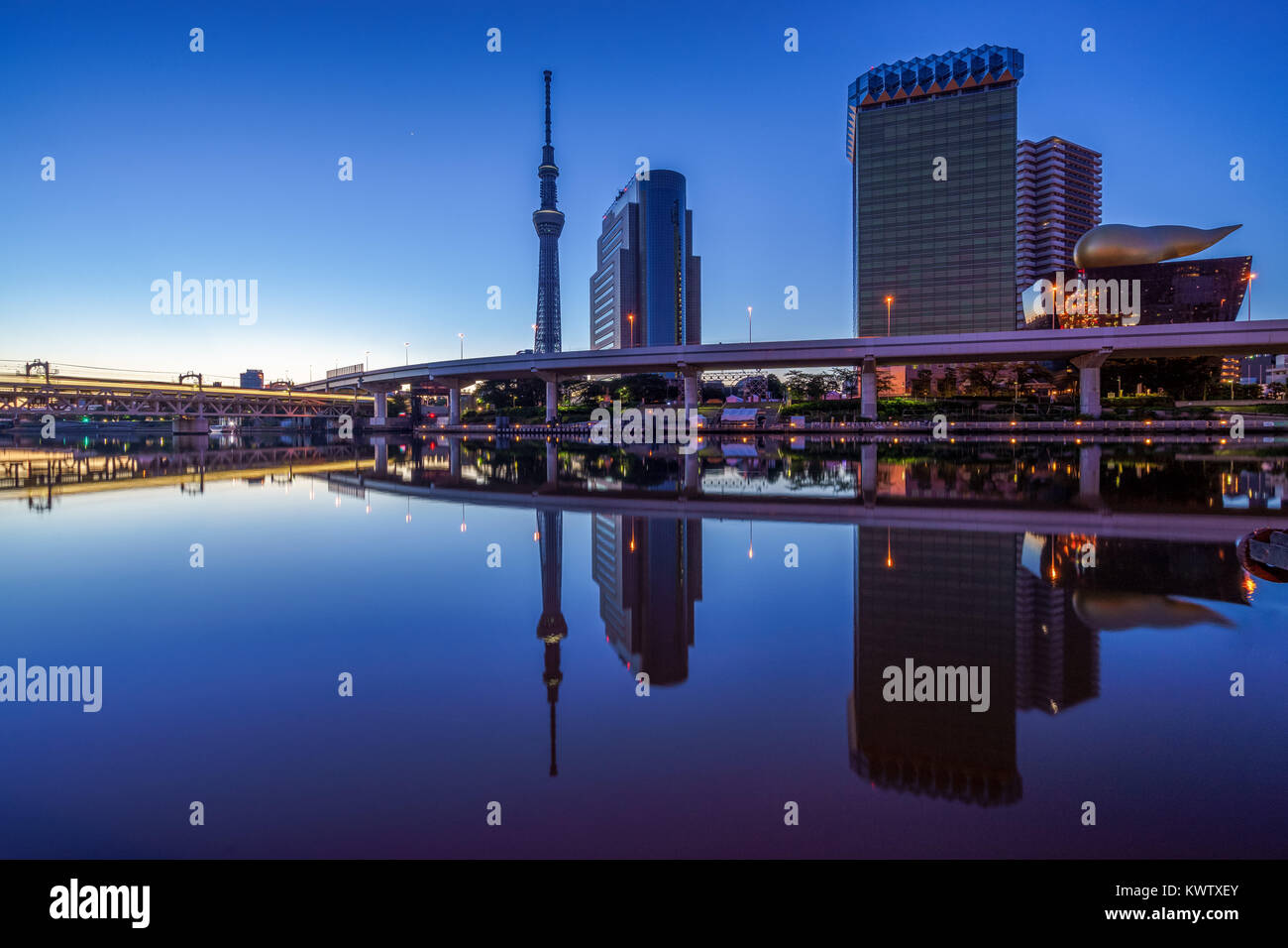 Skyline von Tokyo City durch den Fluss in der Dämmerung Stockfoto