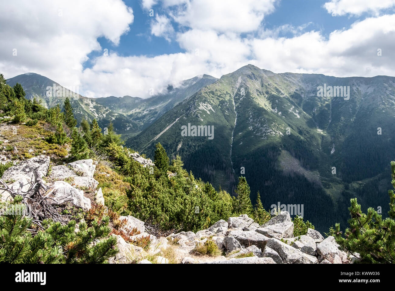 Westliche Tatra Gebirge mit höchsten Bystra Hill in der Slowakei von nizny Bocian Peak auf Otrhance Bergrücken im Sommer Tag mit blauem Himmel und Stockfoto