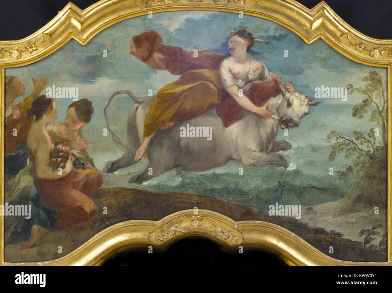 „Ratto d’Europa“ oder „die Entführung Europas“ stellt den griechischen Mythos von Zeus, der Europa entführt, in Form eines Stiers dar, ein wiederkehrendes Thema in der europäischen Kunst, das mythologische Narrativ und künstlerische Tradition symbolisiert. Stockfoto