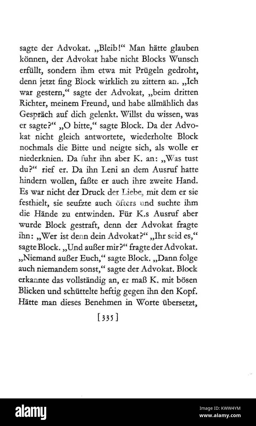 „De Kafka Proze 335“ bezieht sich auf einen Teil der Schriften des deutsch-tschechischen Autors Franz Kafka, dessen Roman der Prozess von der Festnahme und Strafverfolgung Josefs K. durch eine unzugängliche Behörde erzählt, die über Gerechtigkeit, Bürokratie und Entfremdung nachdenkt. Wikipedia+1 Stockfoto