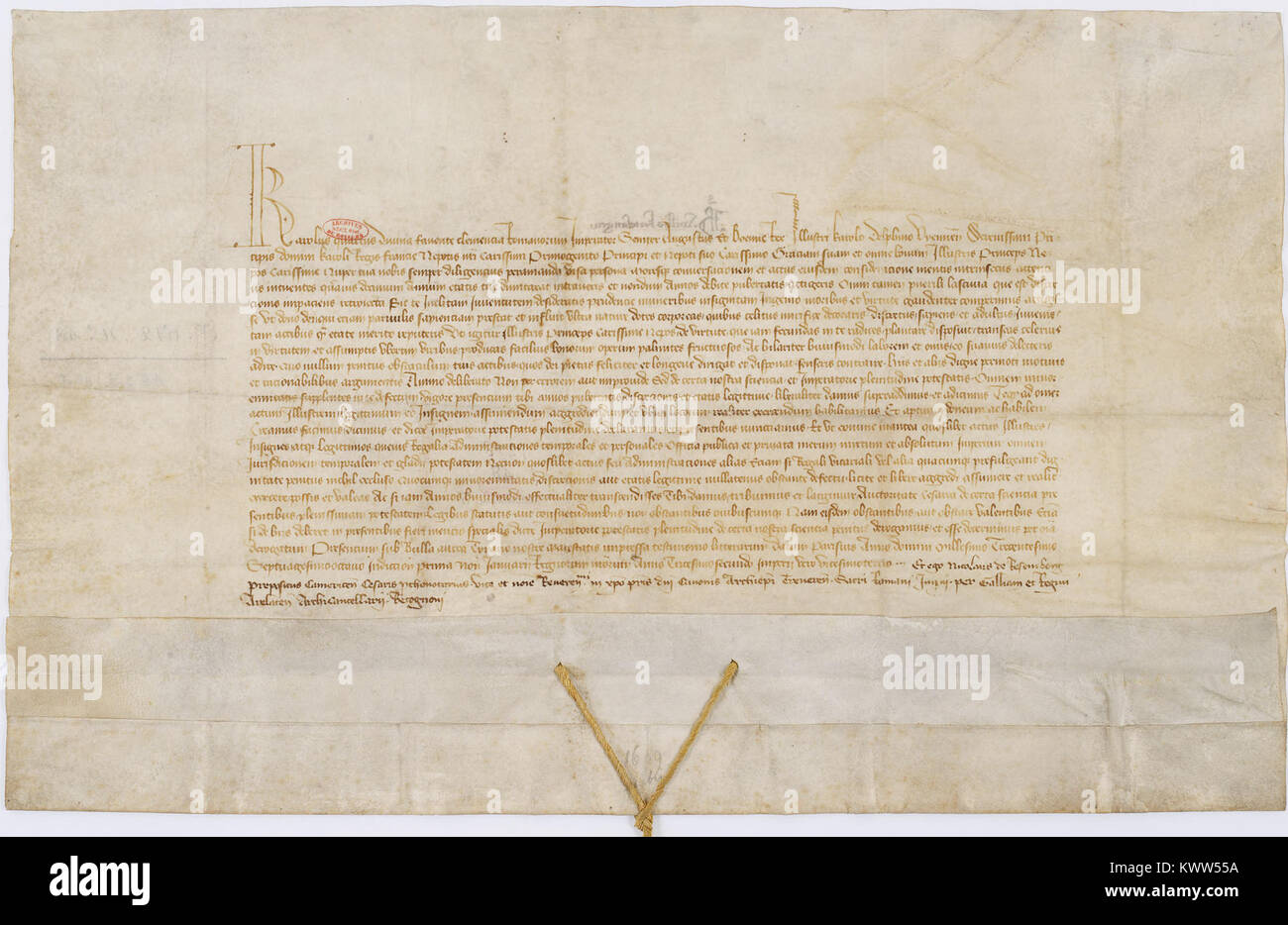 Ein historisches Dokument mit dem Titel „Emancipation par Charles IV., Kaiser germanique, du dauphin de France Charles I.“, in dem das formelle Emanzipationsdekret von Kaiser Karl IV. Für den französischen Dauphin aufgezeichnet wird. Aufbewahrt im französischen Nationalarchiv. Stockfoto