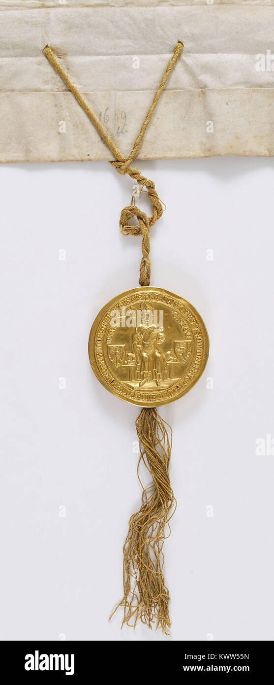 Der Emanzipationsbeschluss des Kaisers Karl IV., der dem französischen Dauphin Karl die Freiheit gewährte, war ein wichtiges Ereignis in der europäischen politischen Geschichte im Mittelalter. Stockfoto