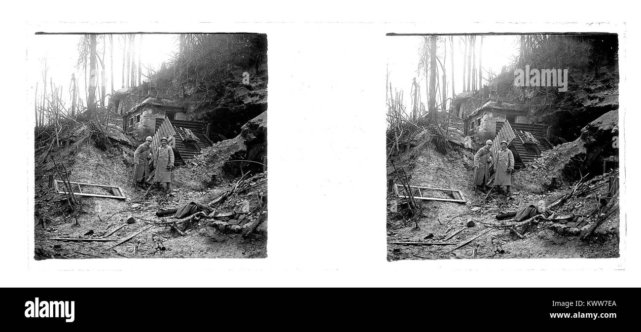 Ravin des Gobineaux ist eine deutsche Ausgrabung aus der Zeit des Ersten Weltkriegs (Abri boche) in der Schlucht von Gobineaux in Frankreich, die in der Fotosammlung des Fonds Berthelé unter der Aktenzeichen 49Fi107 dokumentiert ist. Stockfoto