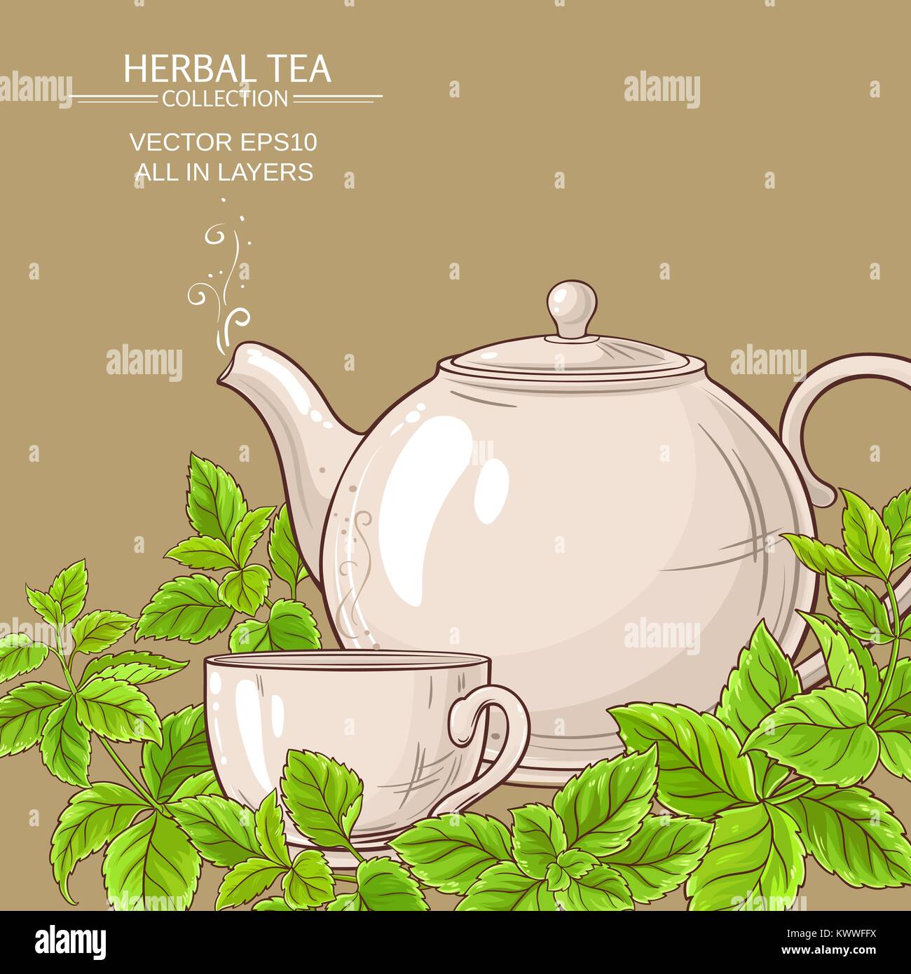 Tasse melissa Kaffee und Teekanne auf farbigen Hintergrund Stock Vektor