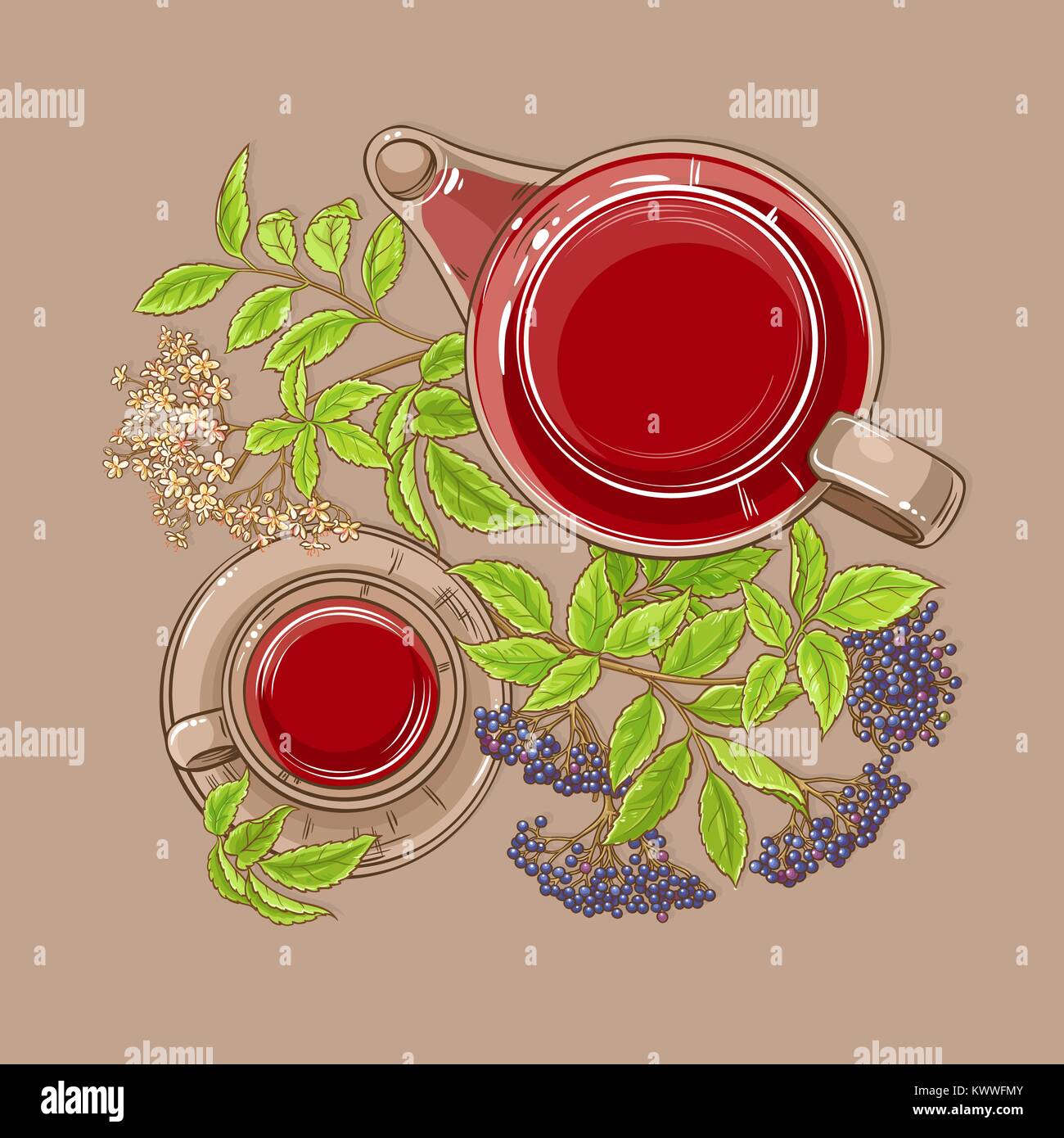 Tasse Holunder Kaffee und Teekanne auf farbigen Hintergrund Stock Vektor