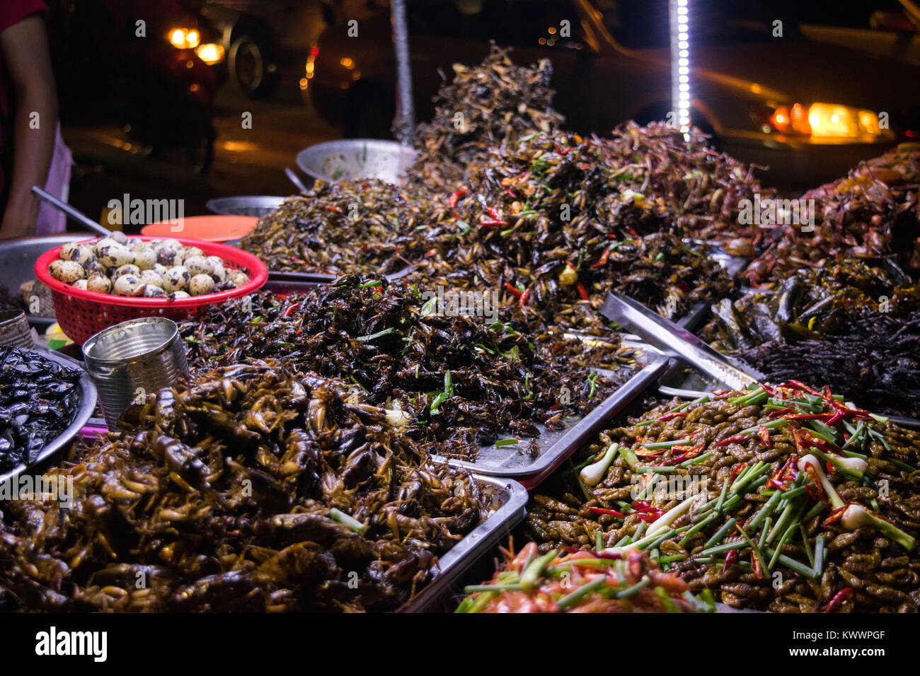 Ein Stall verkaufen Asiatische Küche Street Food, einschließlich gebratene Insekten grillen Schaben Garnelen Wachteleier in Phnom Penh, Kambodscha, Südostasien Stockfoto