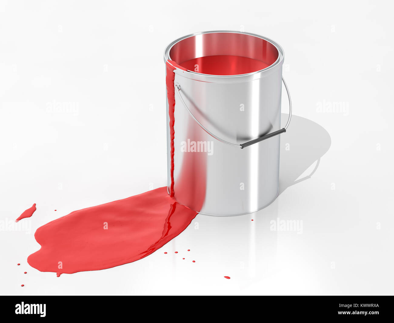 Silver Paint Bucket und Verschüttete Farbe - 3D-Rendering Stockfoto