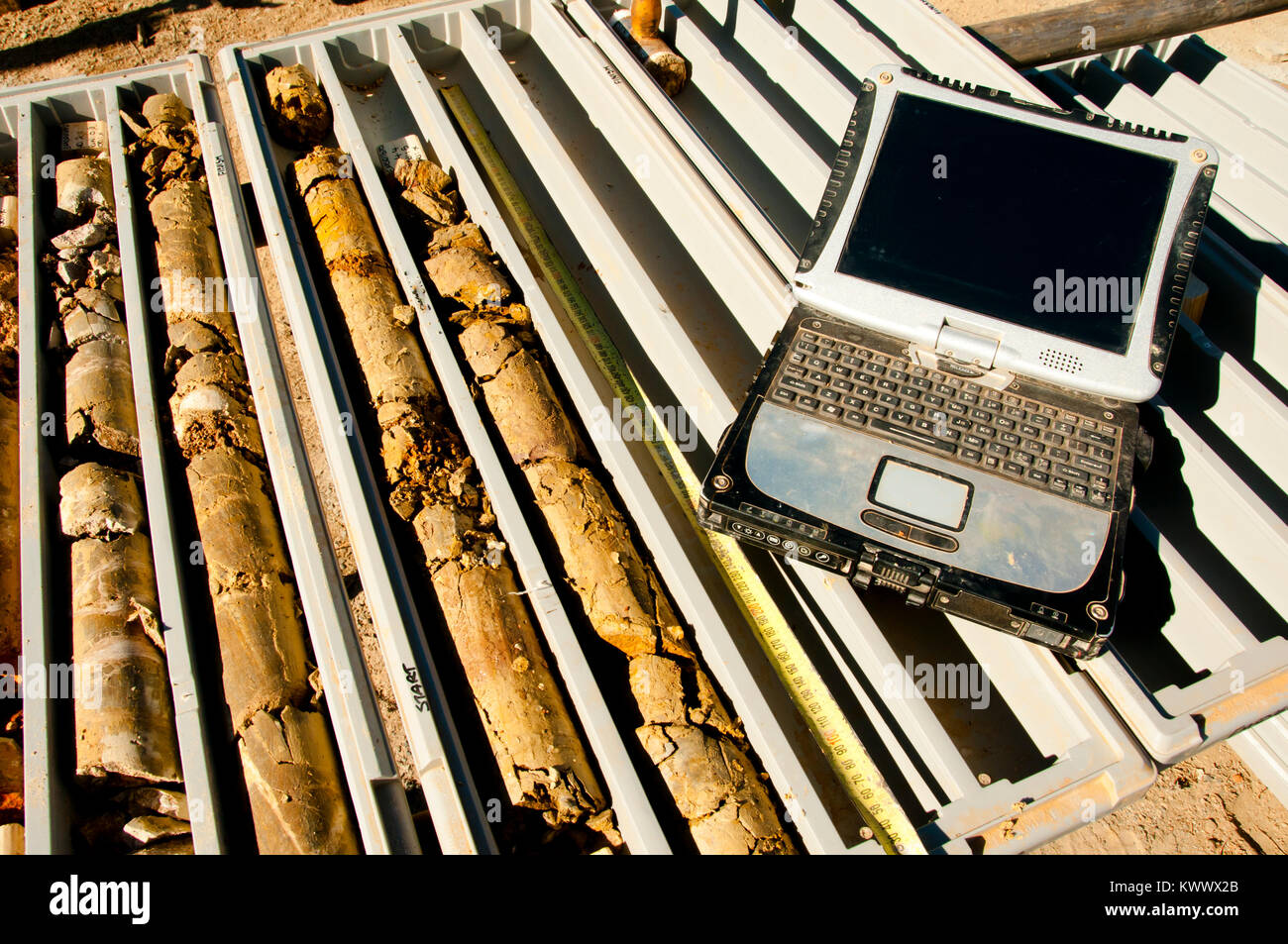 Geologie Core Logging auf Laptop Stockfoto