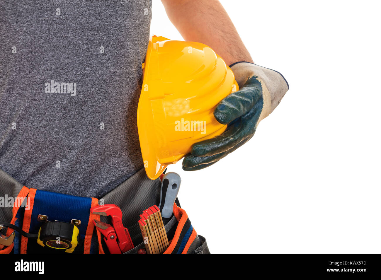 Arbeiter mit Sicherheitseinrichtungen auf weißem Hintergrund Stockfoto
