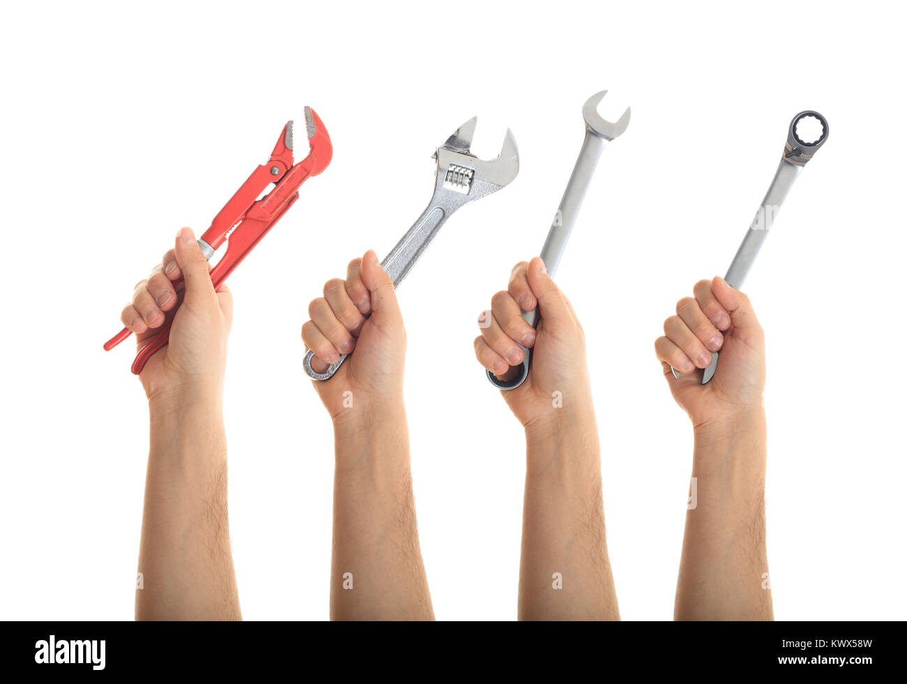 Hände halten Hand Tools auf weißem Hintergrund Stockfoto