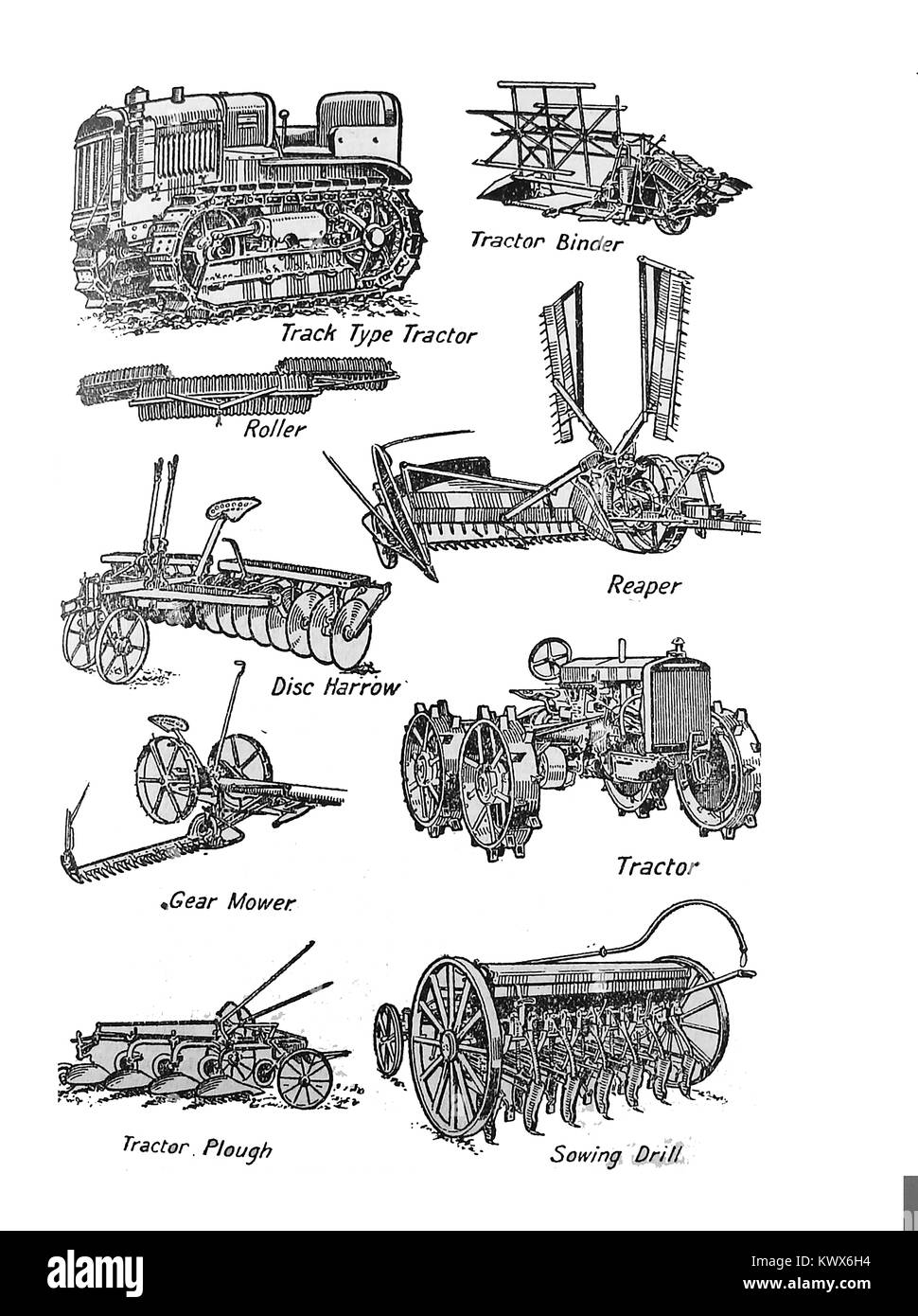 Alte landwirtschaftliche landwirtschaftliche Traktoren und landwirtschaftliche Geräte - 1930 Abbildung: Stockfoto