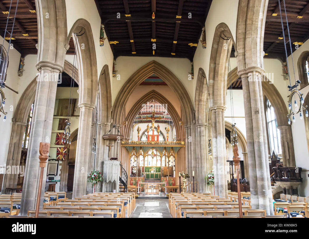Innenraum Mittelschiff der Kirche von Saint Paul, St Paul's Square, Bedford, Bedfordshire, England, Vereinigtes Königreich Stockfoto