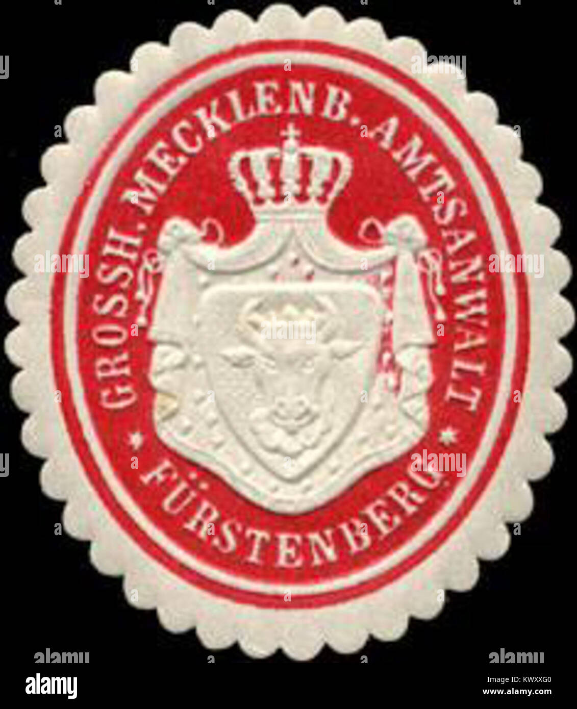 Dieses Siegelzeichen des Amtsanwalts Fürstenberg des Großherzogtums Mecklenburg repräsentiert die rechtlichen und administrativen Funktionen innerhalb der Region während dieser Zeit. Stockfoto