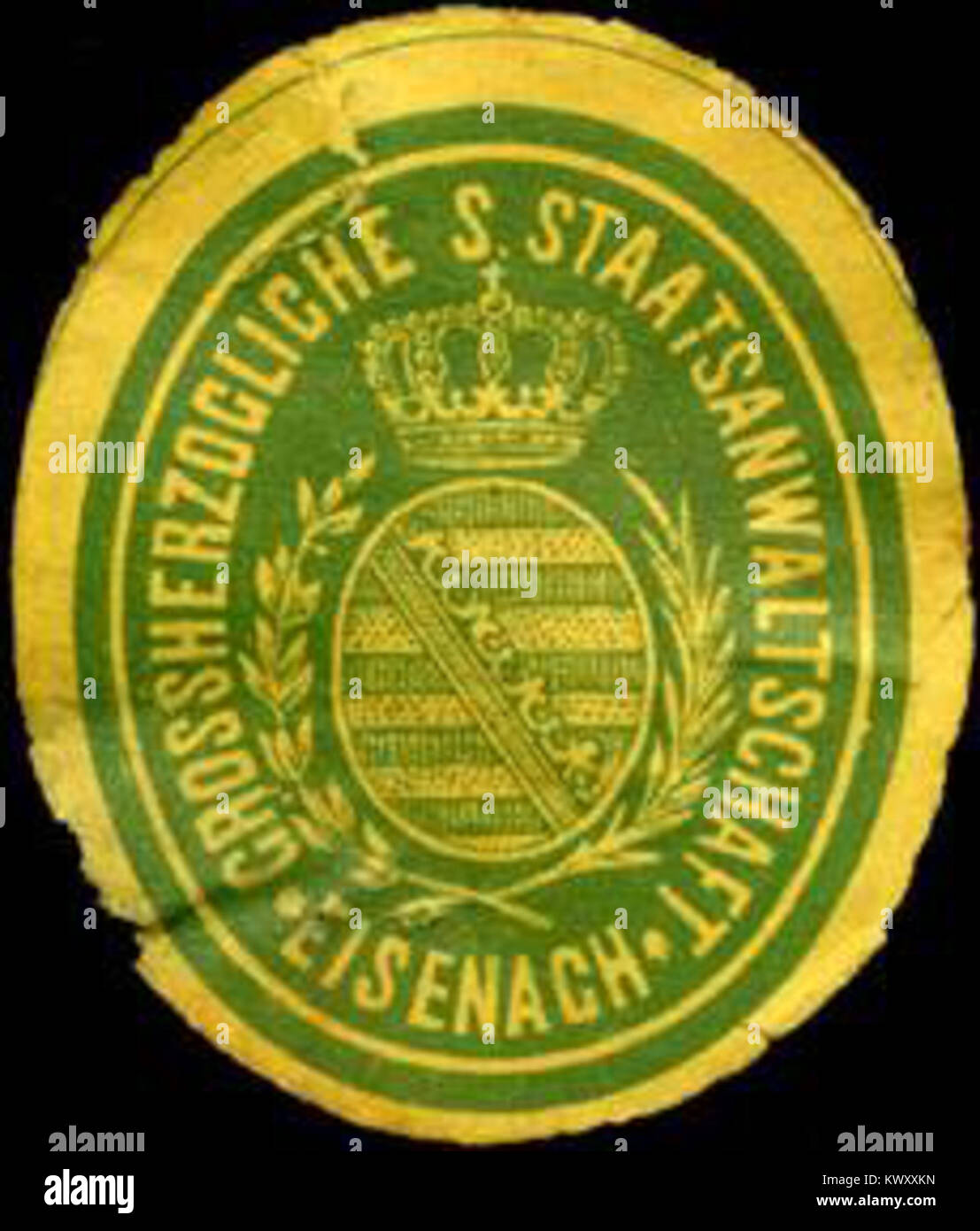 Dieses Siegelzeichen der Staatsanwaltschaft Eisenach des Großherzogtums Sachsen stellt die Rechts- und Verwaltungsbehörde der Region in dieser Zeit dar. Stockfoto